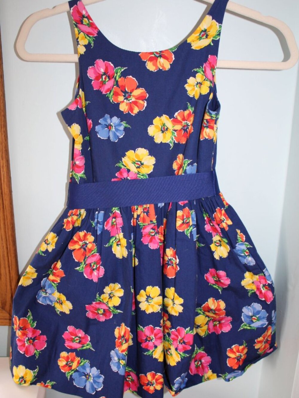 POLO RALPH LAUREN Size 8 Blue Floral Lined Sleeveless Dress Pockets Bow EUC